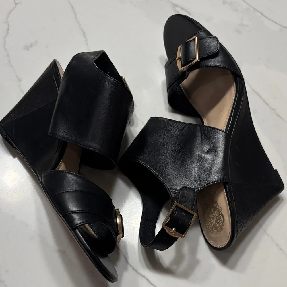 Vince Camuto Black Wedge Sandals with Buckle